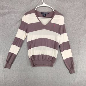 Ralph Lauren Sport Pullover Sweater Womens Size M Lavender White Striped V-Neck